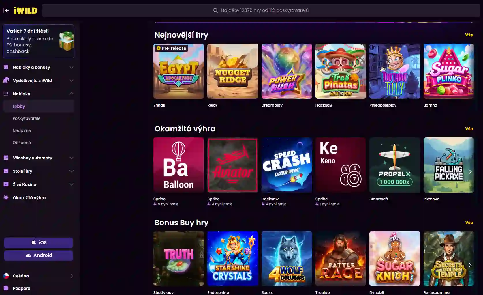 Aktuální herní lobby iWild se zobrazenými kategoriemi her bez osobních údajů hráče